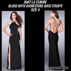 NWT La Femme black with rhinestone back straps size 4